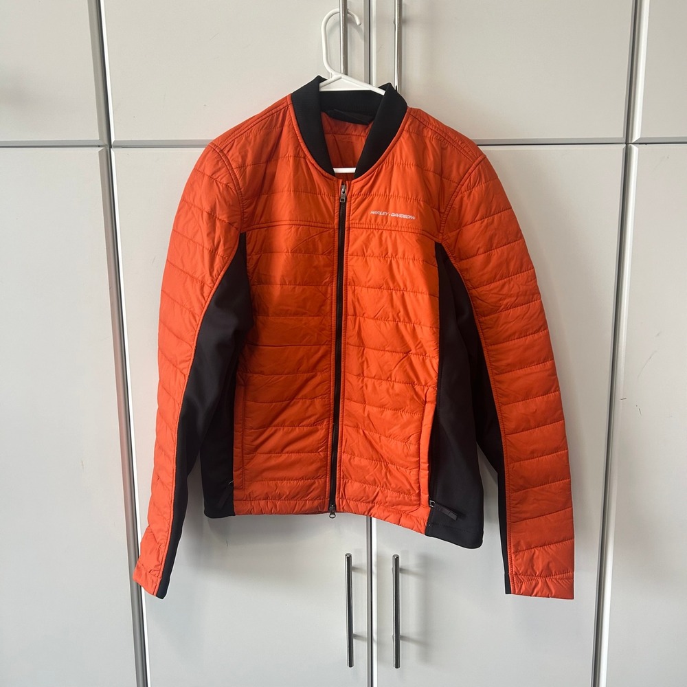 Harley-Davidson Mens Orange Quilted Bomber Jacket Full Zip Puffer Regular M